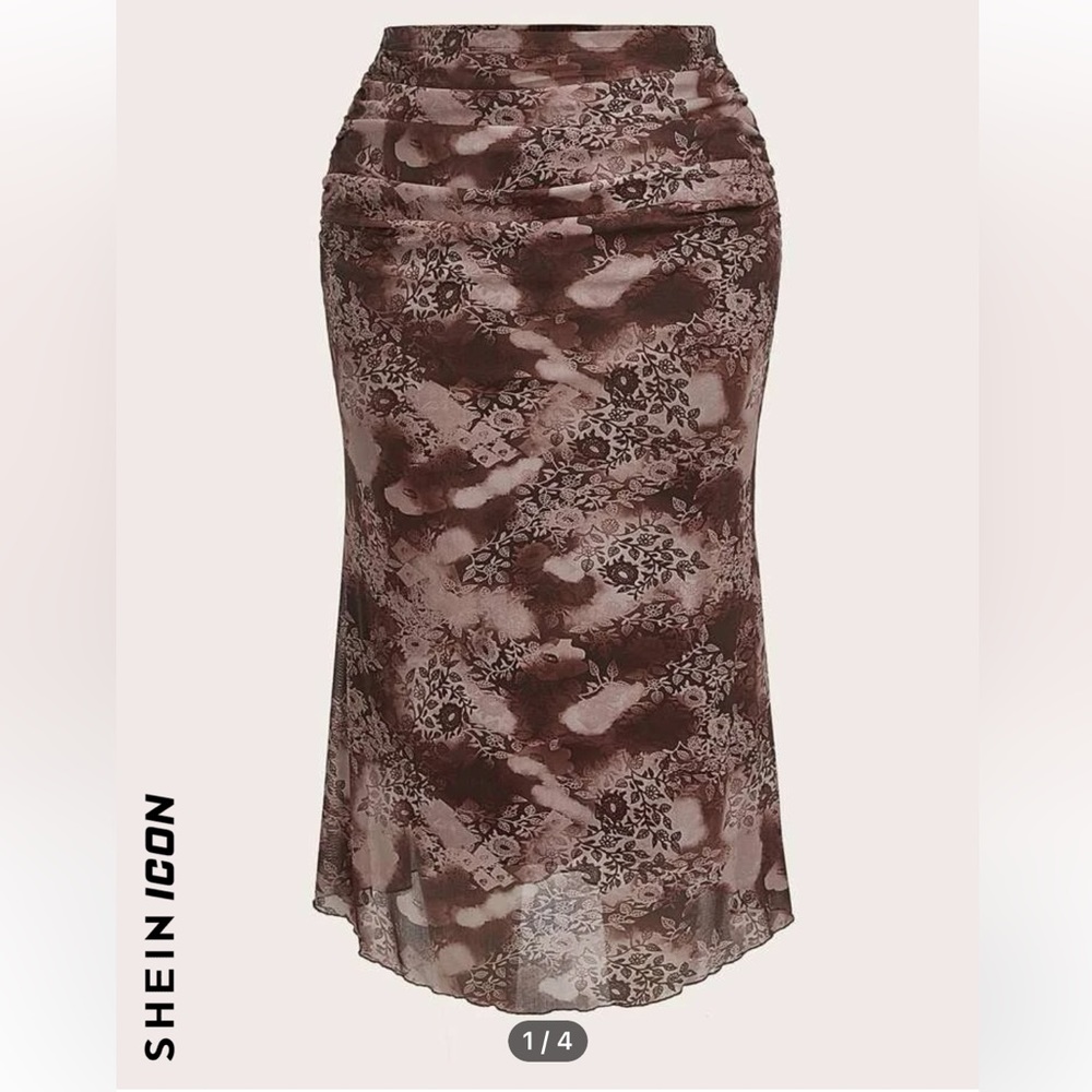 🍉 Shein Icon plus floral print ruched glitter midi skirt, 2X, NWT, high waist